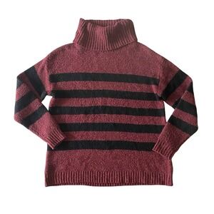 Tahari Women Striped Turtleneck Sweater Burgundy Black M Chunky Knit Cozy Preppy